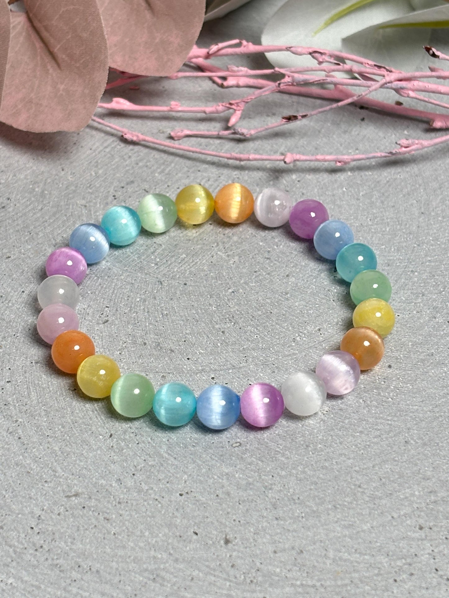 Regenbogen Selenit Perlenarmband 8mm  Bunter Heilstein Schmuck  Spirituelles Geschenk  Boho Armband