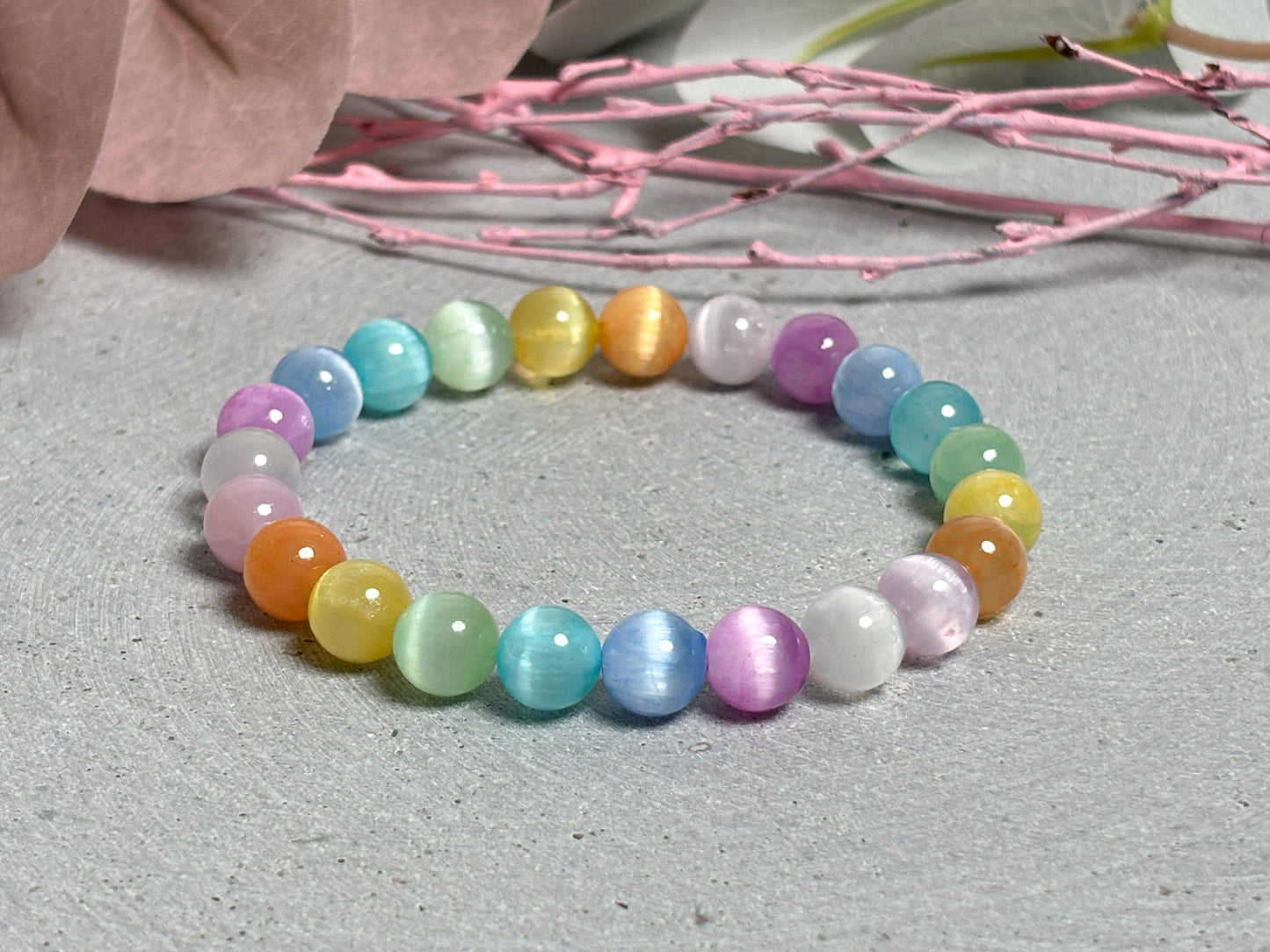 Regenbogen Selenit Perlenarmband 8mm  Bunter Heilstein Schmuck  Spirituelles Geschenk  Boho Armband