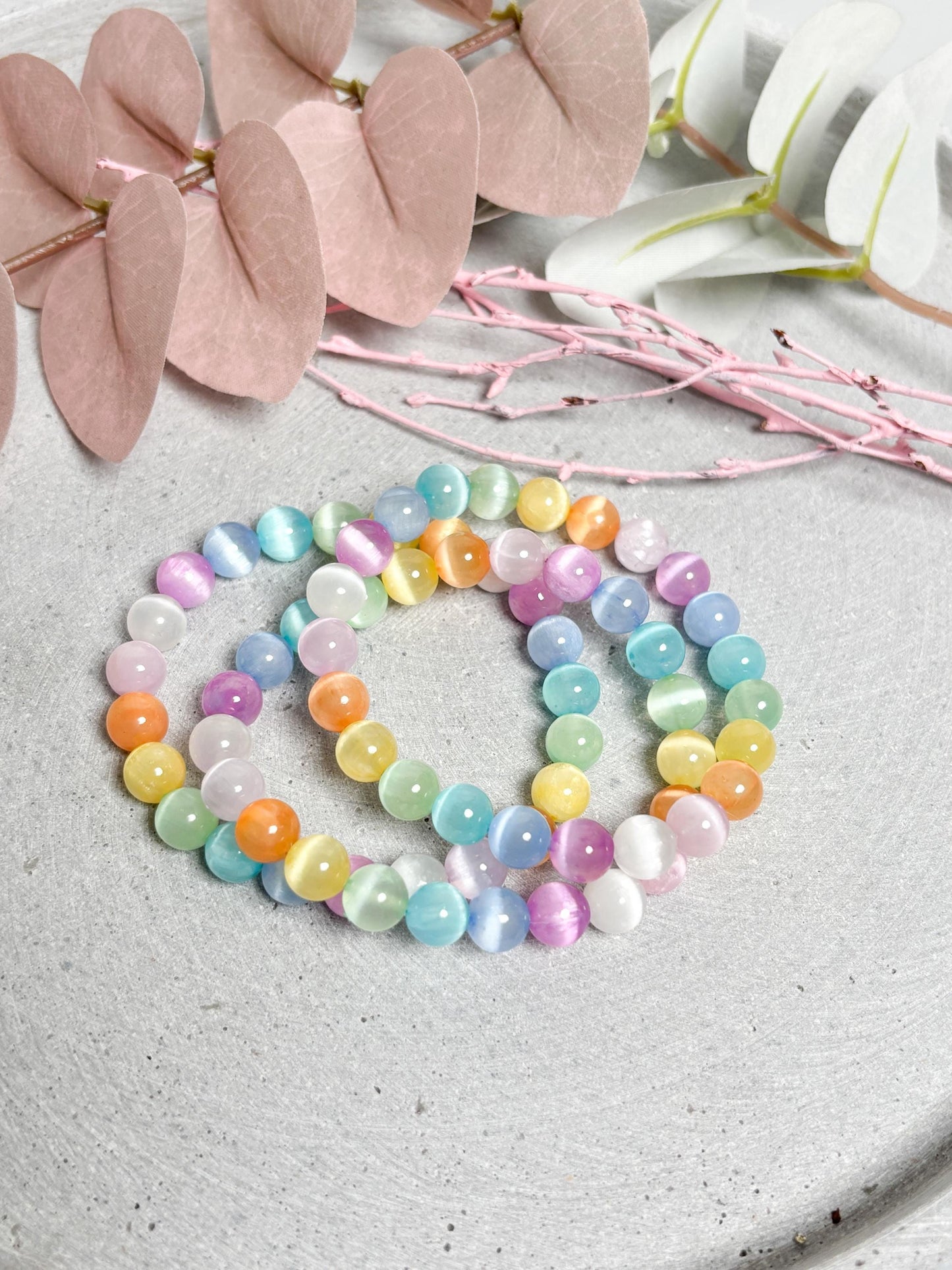 Regenbogen Selenit Perlenarmband 8mm  Bunter Heilstein Schmuck  Spirituelles Geschenk  Boho Armband