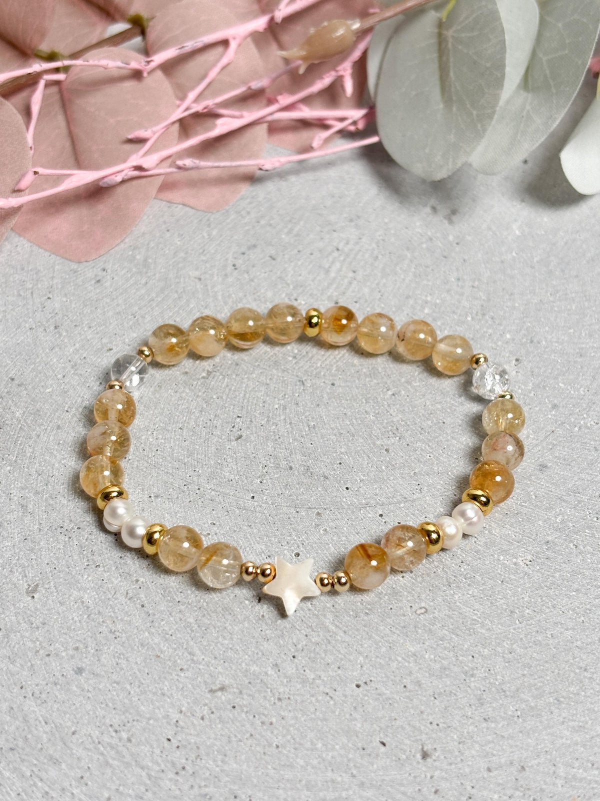 Golden Healer Armband mit Süßwasserperlen & Muschelstern  6mm Perlen, elastisch, Heilstein Schmuck, Sommerarmband, Kristallarmband Damen