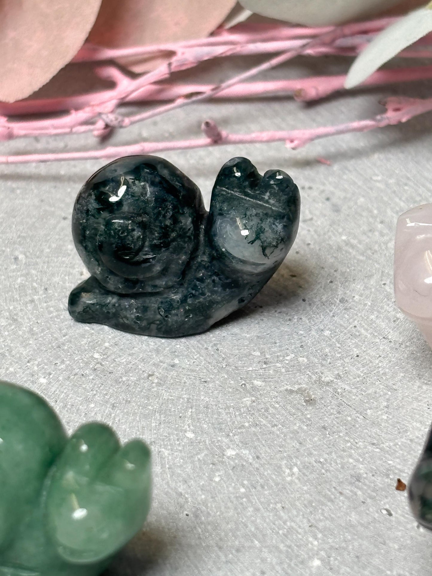 Kristall Schnecke 2,5 cm aus Rosenquarz, Aventurin oder Moosachat  kleine Edelstein Figur Deko Tier