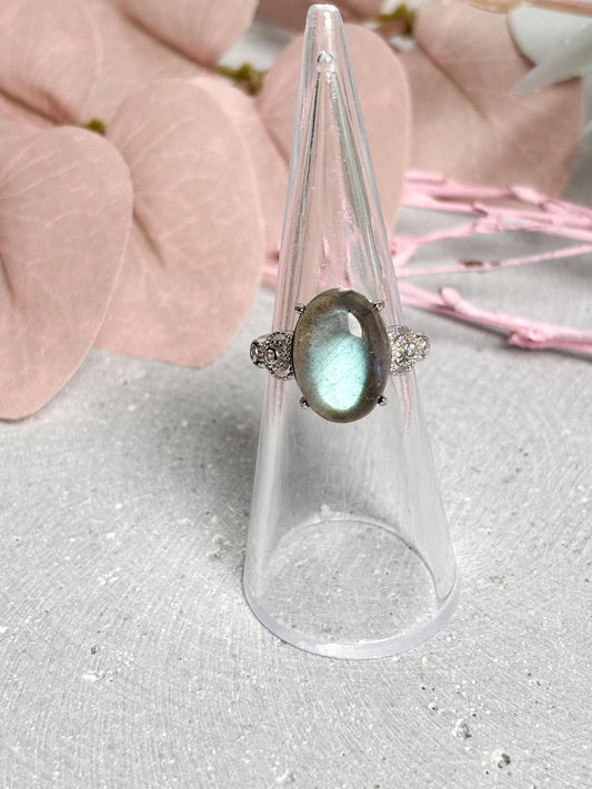 Edelstahlring mit Labradorit  größenverstellbarer Damenring aus Edelstahl mit Naturstein Cabochon Schmuck