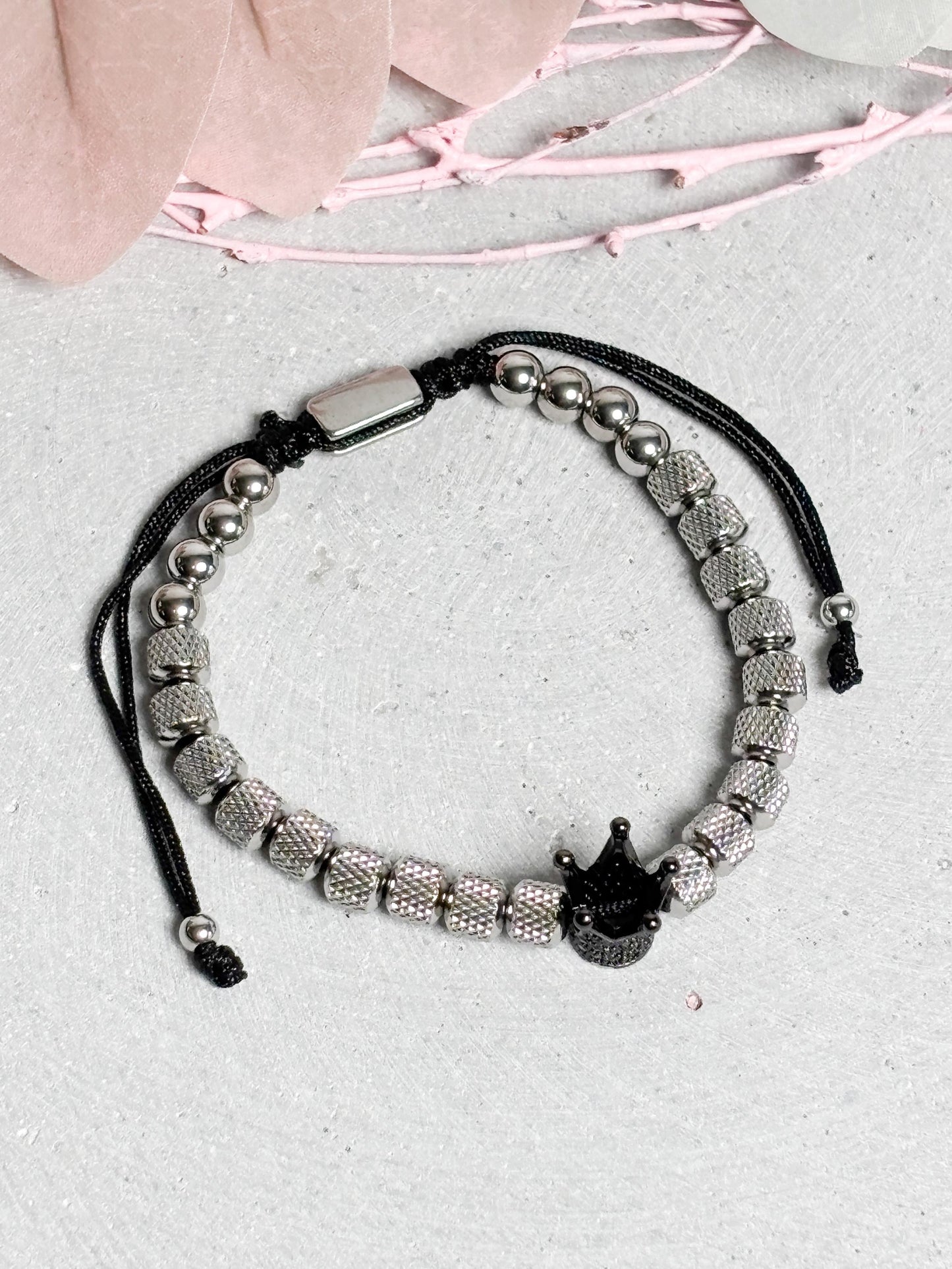 Edelstahl Armband Unisex mit Makramee Schiebeverschluss Perlenarmband verstellbar