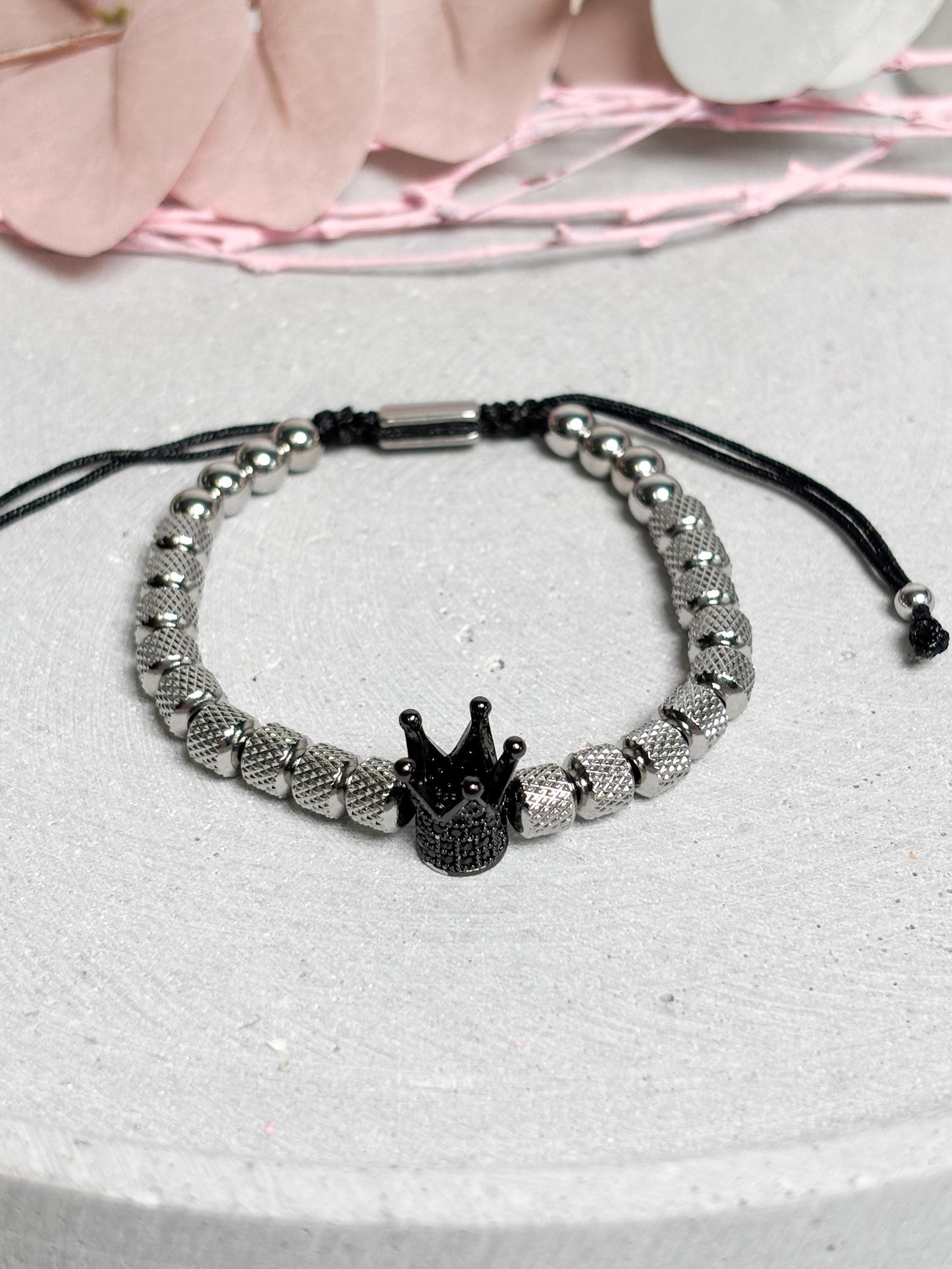 Edelstahl Armband Unisex mit Makramee Schiebeverschluss Perlenarmband verstellbar