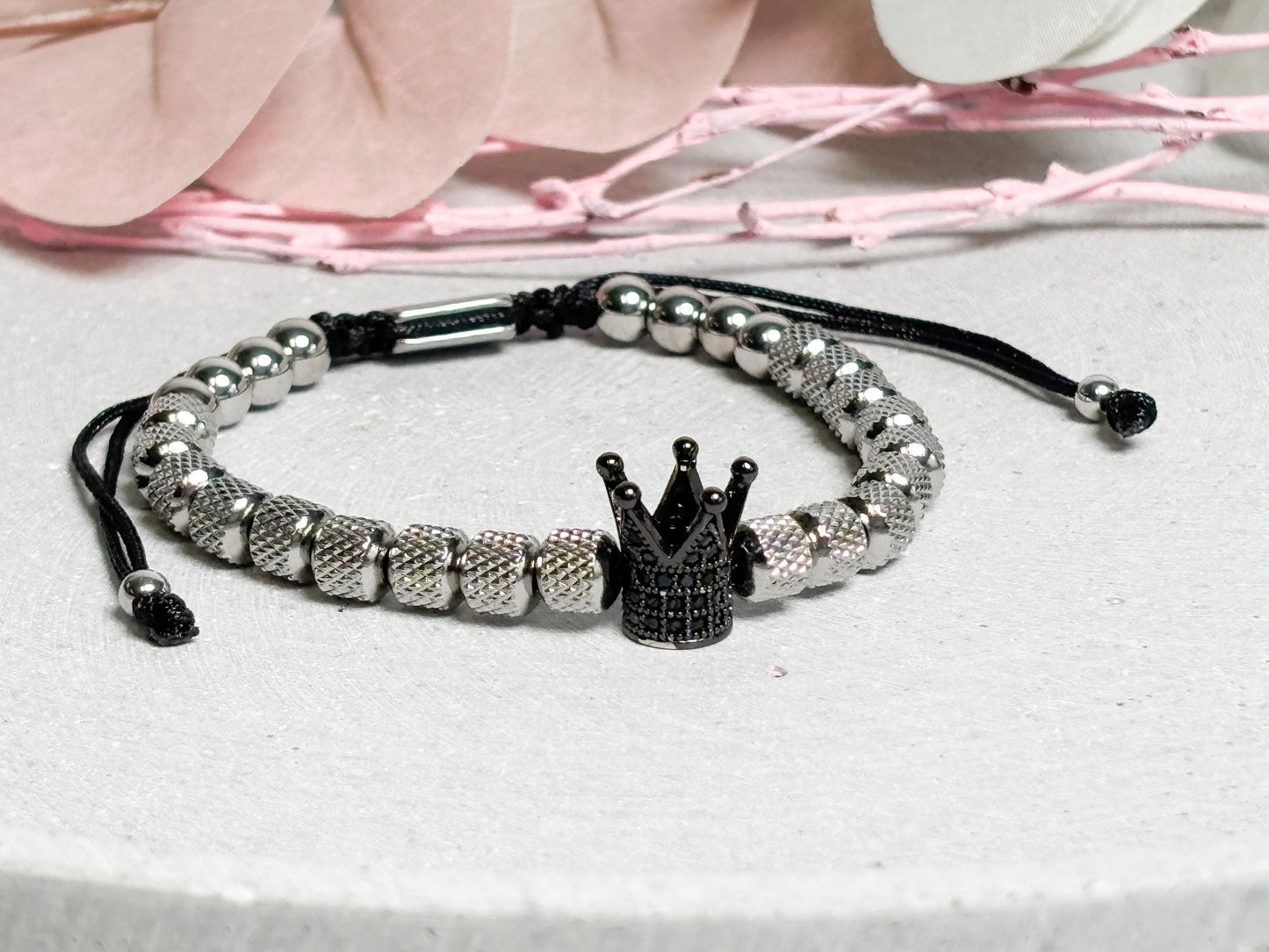 Edelstahl Armband Unisex mit Makramee Schiebeverschluss Perlenarmband verstellbar
