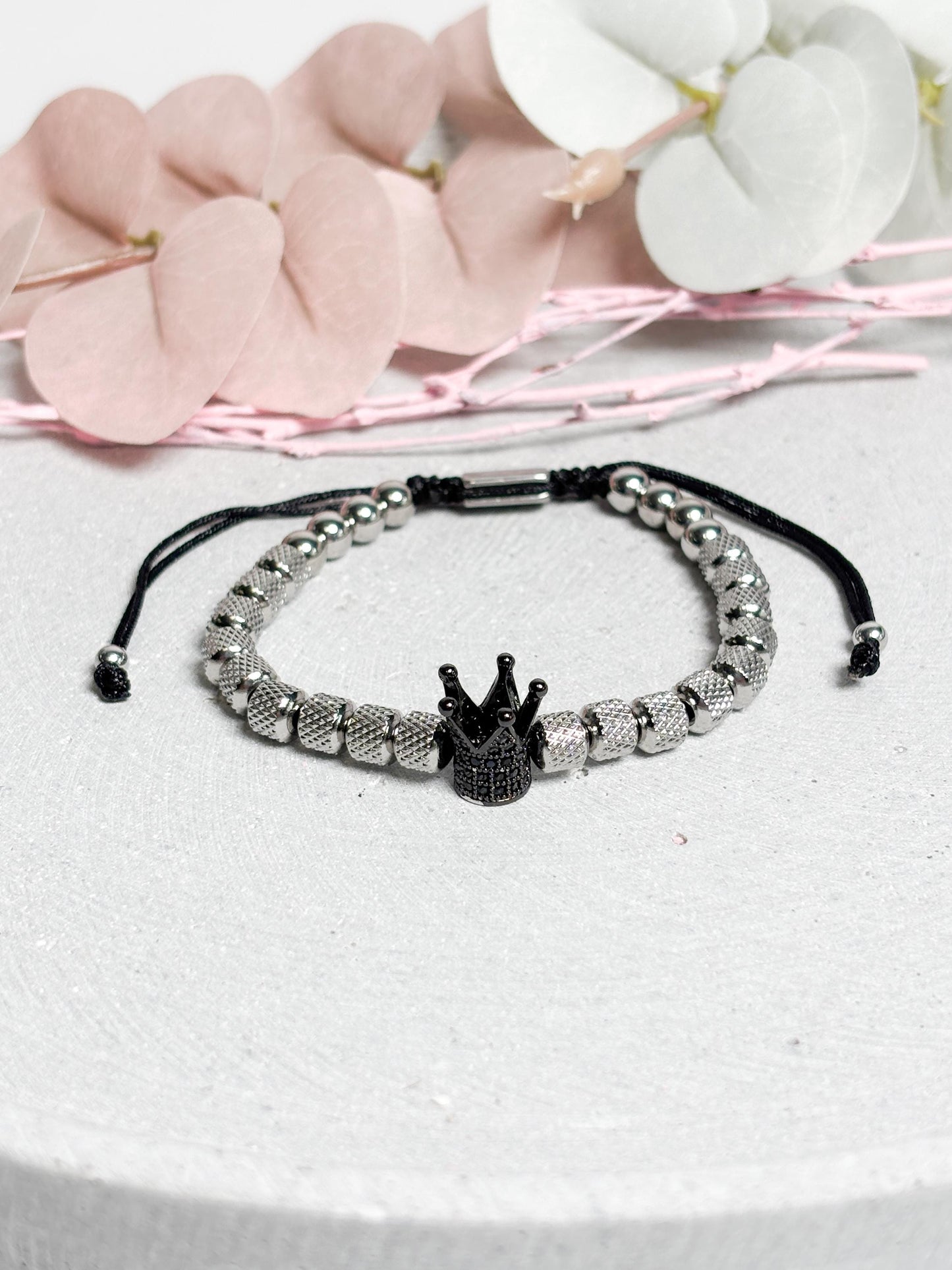 Edelstahl Armband Unisex mit Makramee Schiebeverschluss Perlenarmband verstellbar