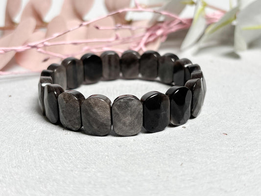 Armreif aus Silber Obsidian  ca. 18 cm, elastisch, facettierte rechteckige Perlen, Edelstein Armband Kristall