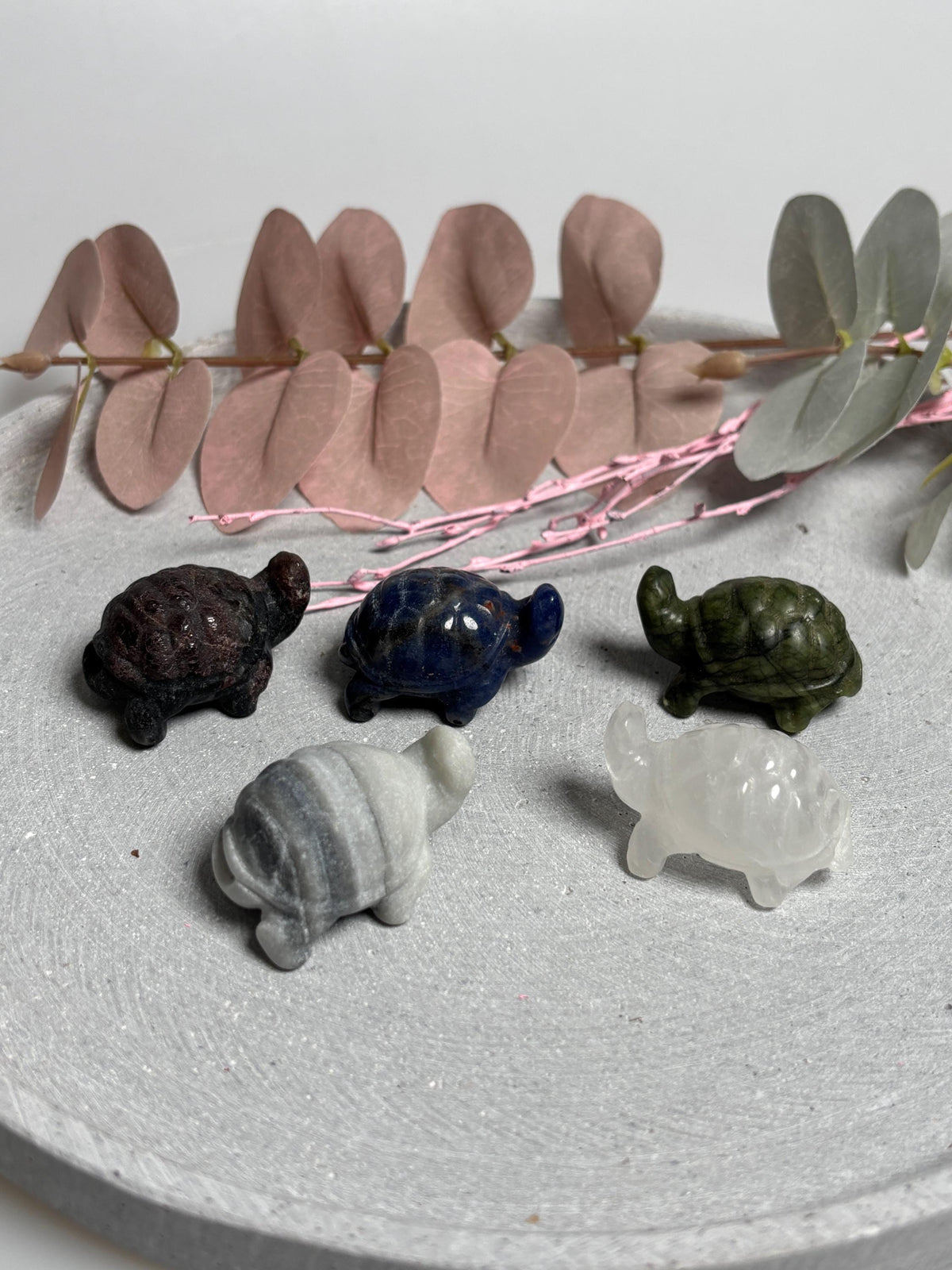 Schildkröte Figur aus Edelstein 4 cm  Kristall Carving aus Zebra Calcit, Sodalith, Bergkristall, Mahagonie Obsidian oder Jade