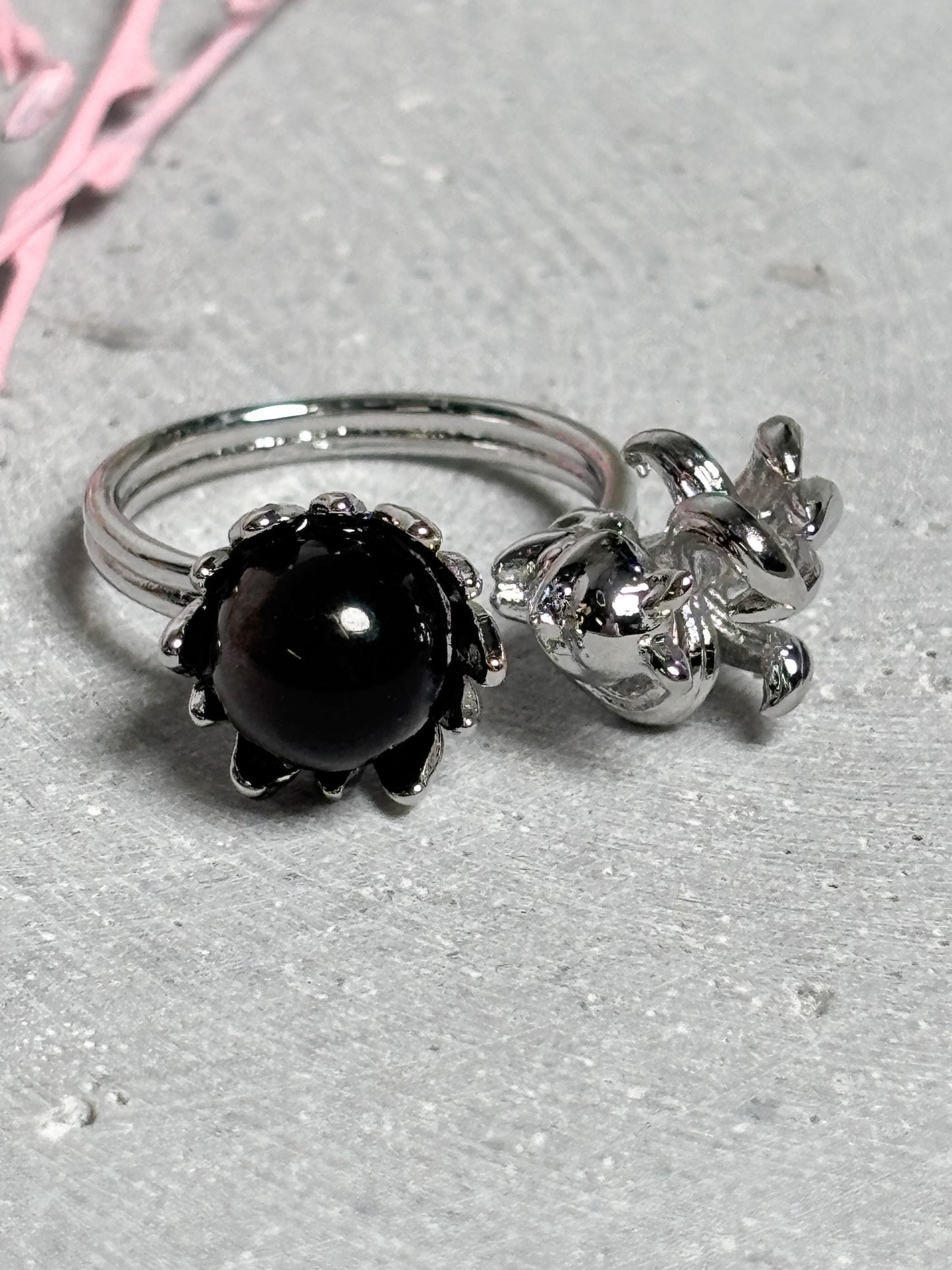 Edelstahl Ring Silber  größenverstellbarer Ring mit Silber Obsidian Kugel und Nine Tail Fox Figur, Kristall Schmuck, Edelstein Ring