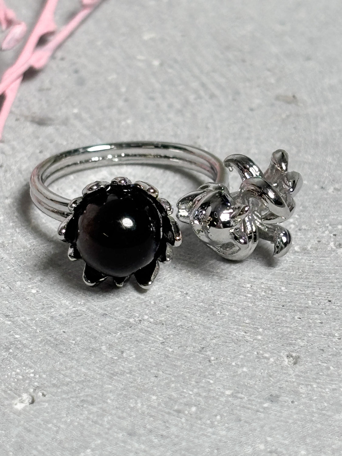 Edelstahl Ring Silber  größenverstellbarer Ring mit Silber Obsidian Kugel und Nine Tail Fox Figur, Kristall Schmuck, Edelstein Ring