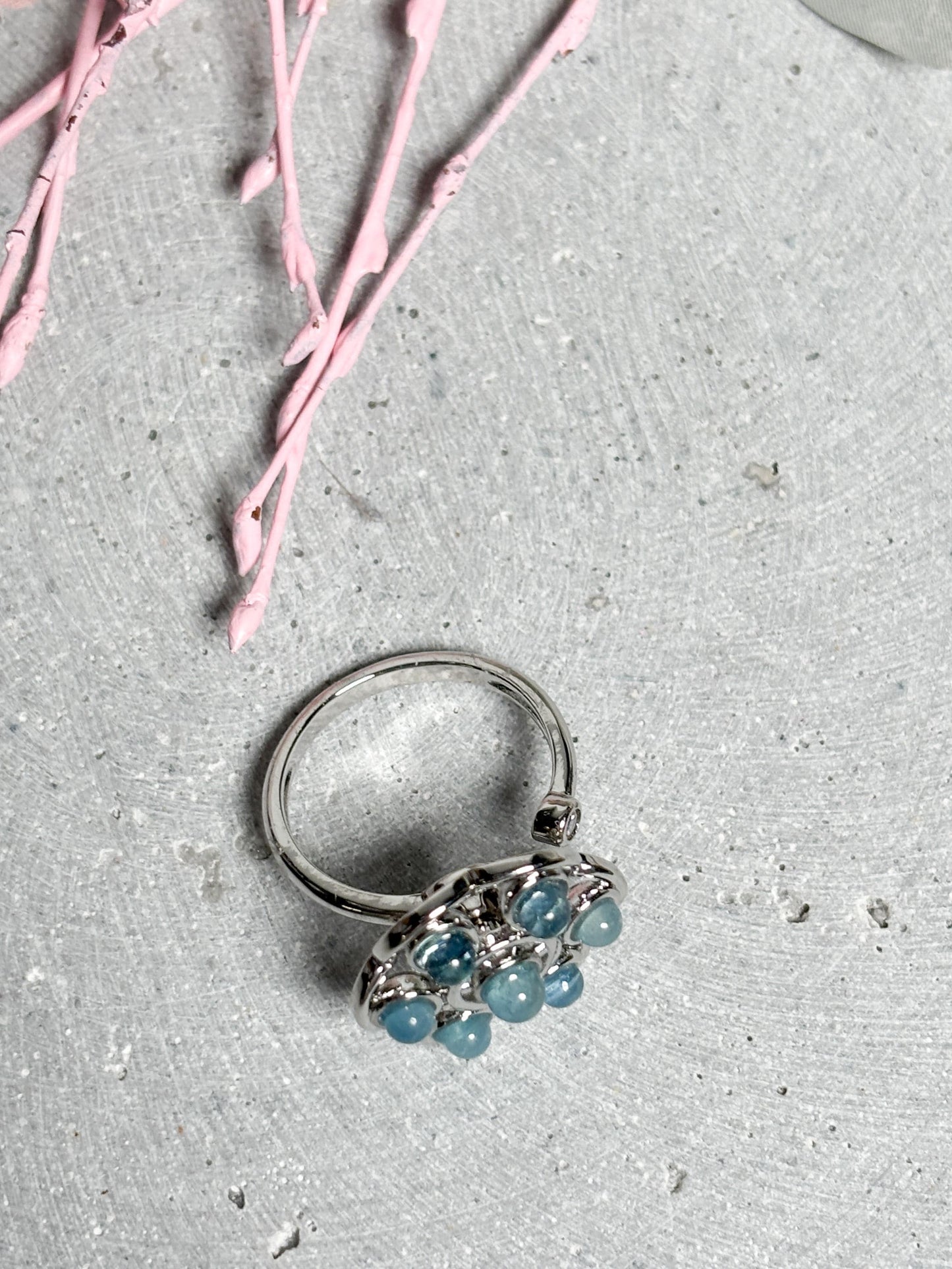 Edelstahl Spinning Ring  größenverstellbarer Ring in Blumenform mit Aquamarin Perlen, Kristall Schmuck, Edelstein Ring, Fidget Ring