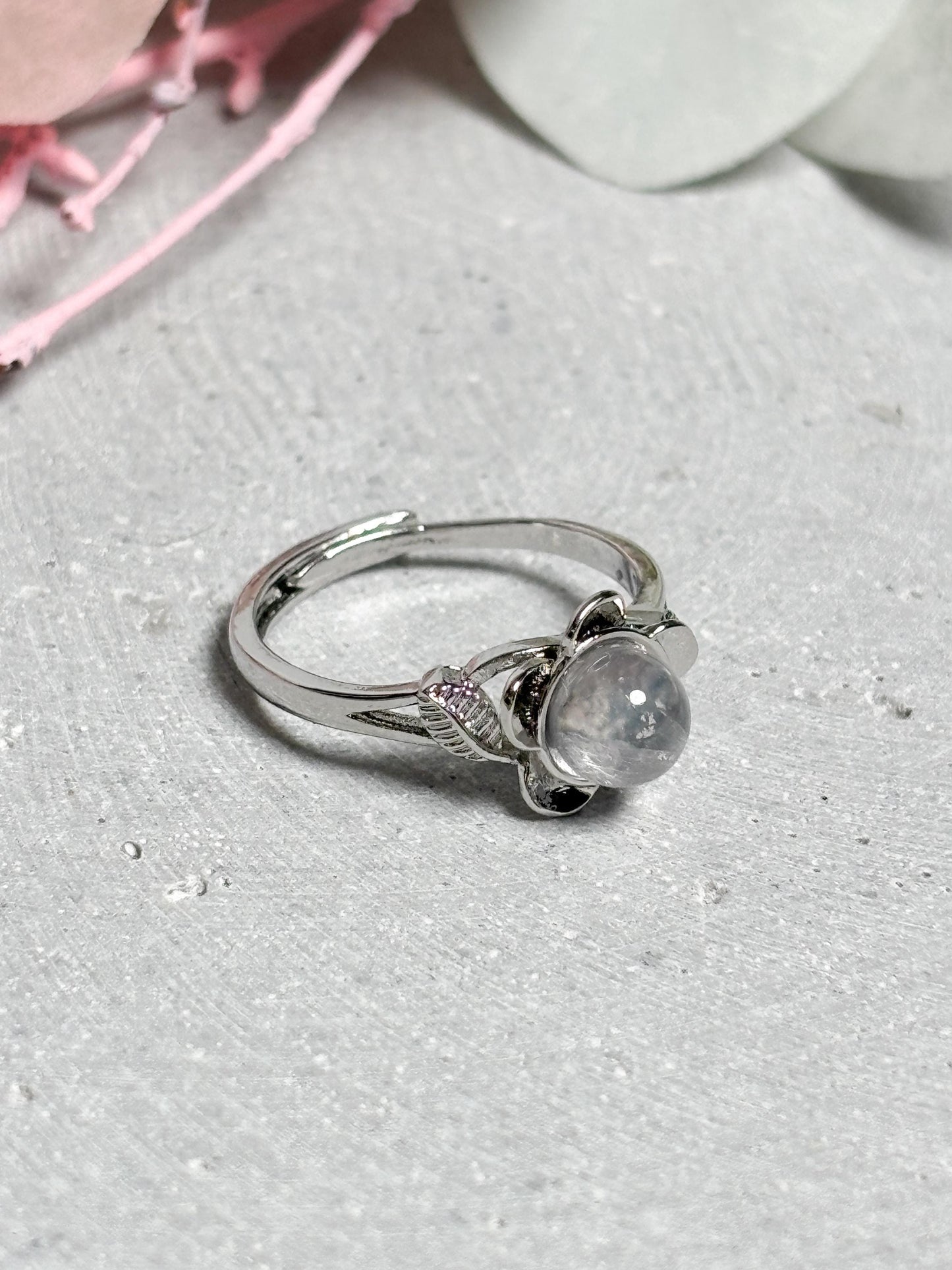 Edelstahl Ring Silber  größenverstellbarer Ring mit Blumendesign und Bergkristall Perle, Kristall Schmuck, Flower Design Ring