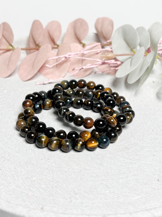Tigerauge Armband  elastisches Perlenarmband ca. 17,5 cm mit 8 mm runden Perlen, Edelstein Schmuck mit schönem Schimmer
