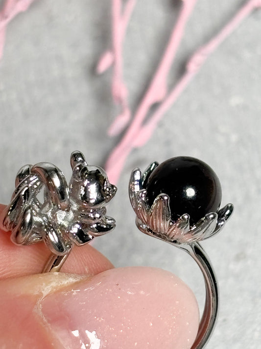 Edelstahl Ring Silber  größenverstellbarer Ring mit Silber Obsidian Kugel und Nine Tail Fox Figur, Kristall Schmuck, Edelstein Ring