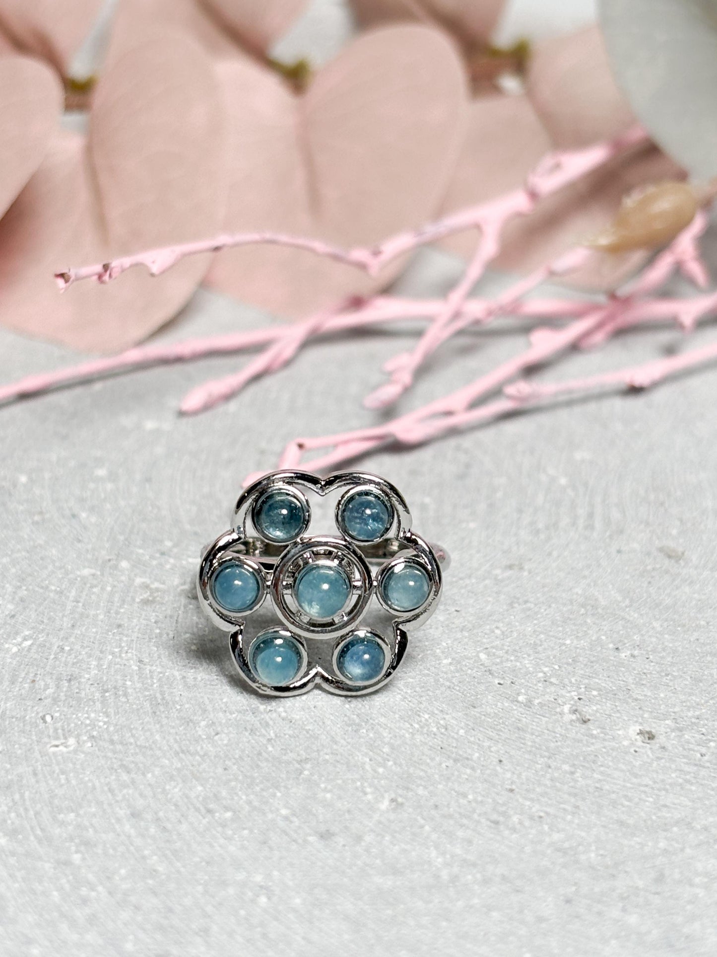 Edelstahl Spinning Ring  größenverstellbarer Ring in Blumenform mit Aquamarin Perlen, Kristall Schmuck, Edelstein Ring, Fidget Ring