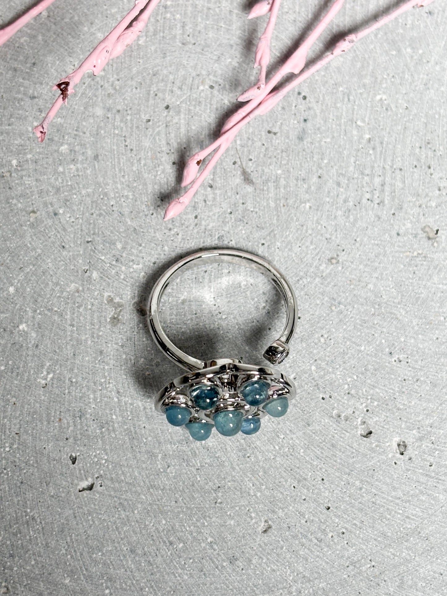 Edelstahl Spinning Ring  größenverstellbarer Ring in Blumenform mit Aquamarin Perlen, Kristall Schmuck, Edelstein Ring, Fidget Ring