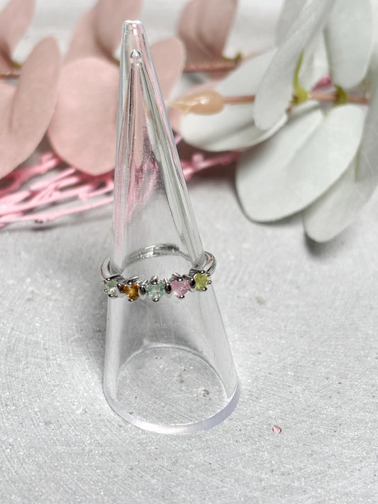 Edelstahl Ring Silber  größenverstellbarer Ring mit bunten Turmalin Steinen, Kristall Schmuck, Edelstein Ring, Rainbow Tourmaline Jewelry