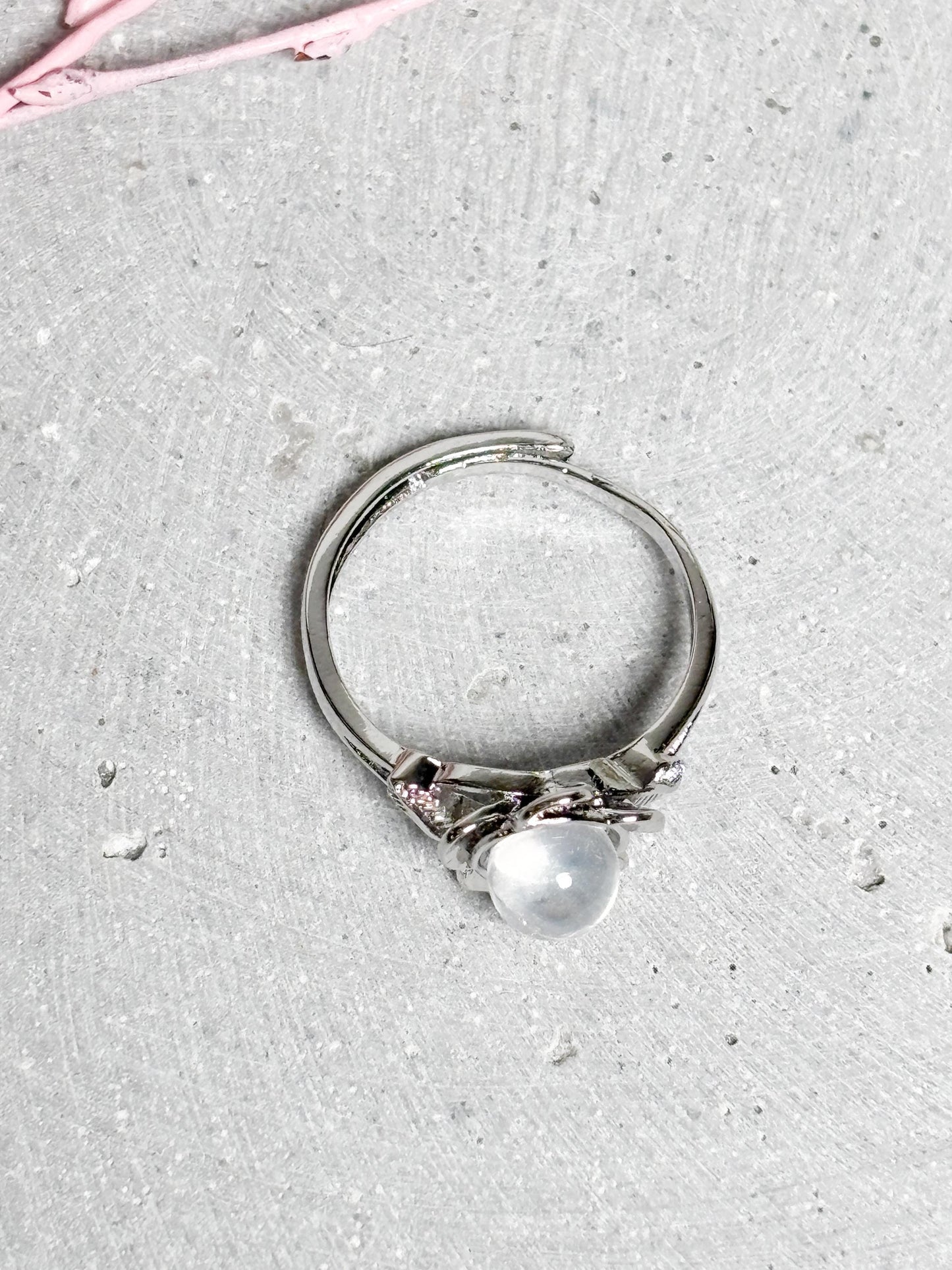 Edelstahl Ring Silber  größenverstellbarer Ring mit Blumendesign und Bergkristall Perle, Kristall Schmuck, Flower Design Ring