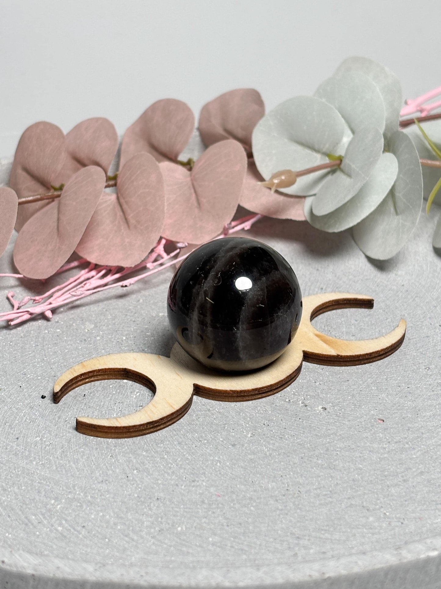 Kugelhalter Mondphasen Holz | Halter für Kristallkugeln | Triple Moon Sphere Stand | Deko für Edelsteinkugeln | Naturholzständer