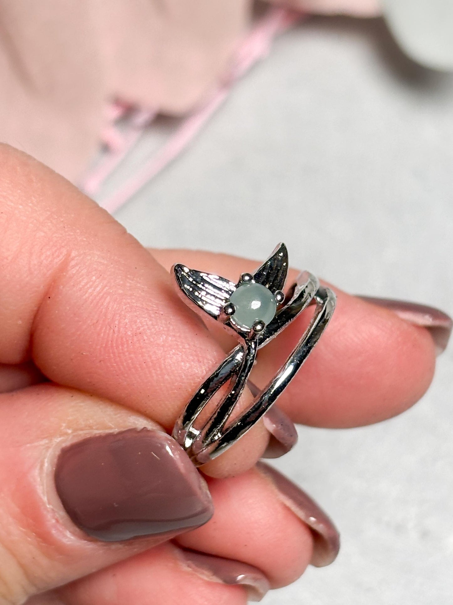 Edelstahlring mit Aquamarin Kugel  verstellbarer Ring mit Fischflosse / Meerjungfrauenflosse, Kristallring, Aquamarine Ring