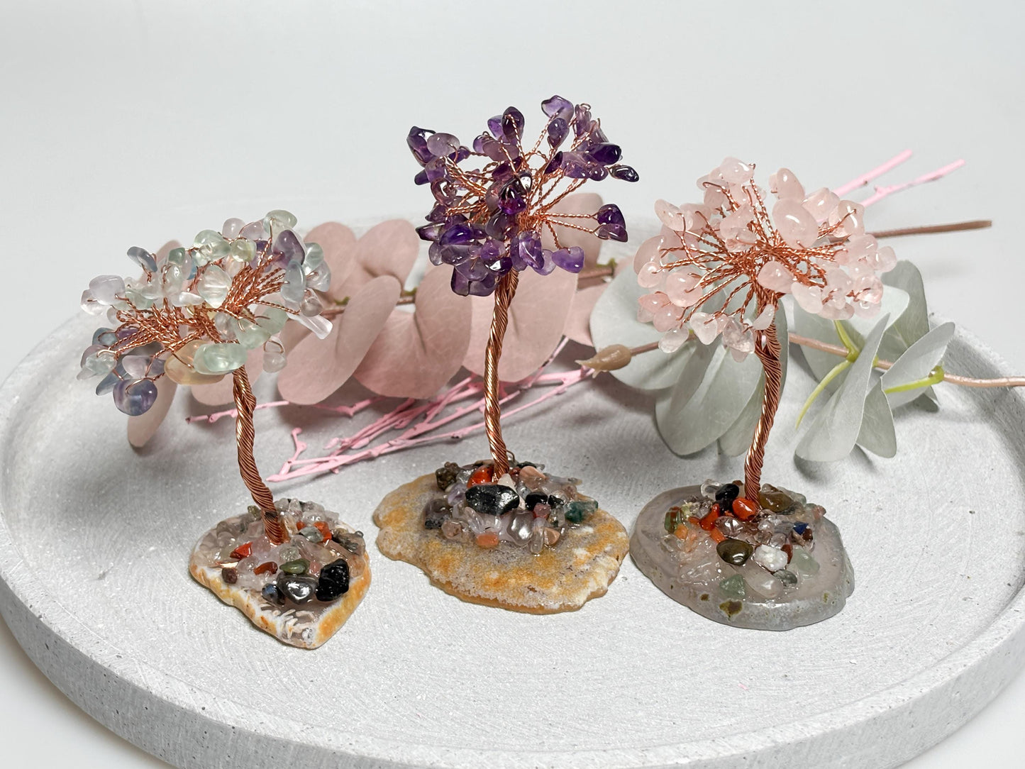 Money Tree klein  ca. 9 cm Kristallbaum aus Rosenquarz, Fluorit oder Amethyst, Edelstein Baum, Feng Shui Deko, Healing Crystal Tree