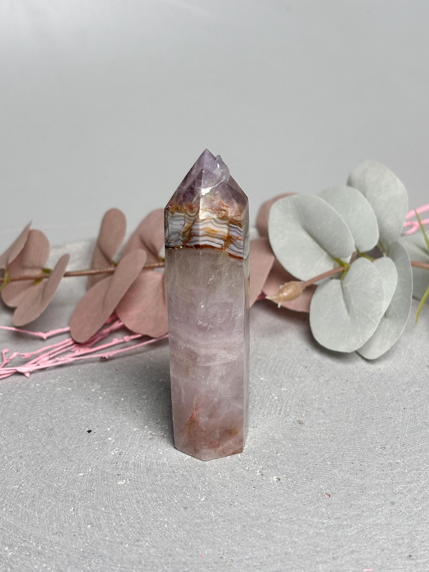 Amethyst Achat Turm ca. 8,9 cm  Kristallturm mit Banding, Edelstein Tower, Naturstein Dekosteine, Amethyst Agate Crystal Point