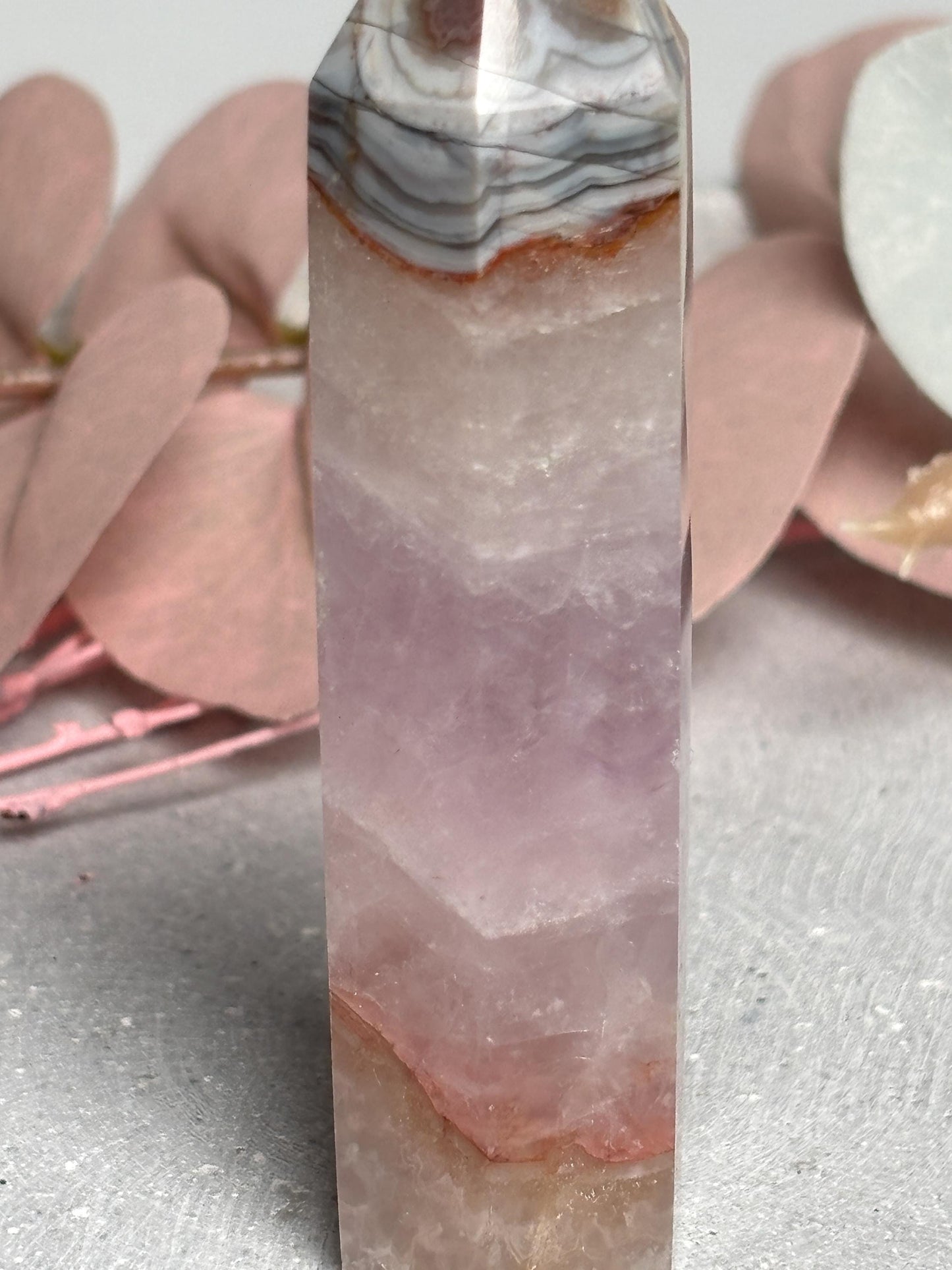 Amethyst Achat Turm ca. 8,9 cm  Kristallturm mit Banding, Edelstein Tower, Naturstein Dekosteine, Amethyst Agate Crystal Point