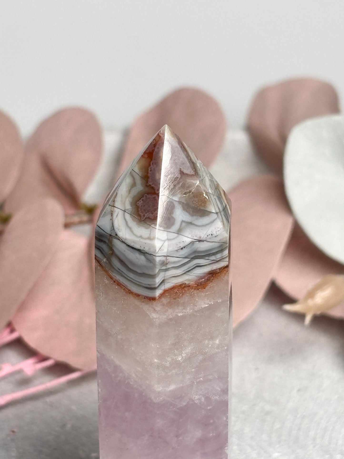 Amethyst Achat Turm ca. 8,9 cm  Kristallturm mit Banding, Edelstein Tower, Naturstein Dekosteine, Amethyst Agate Crystal Point