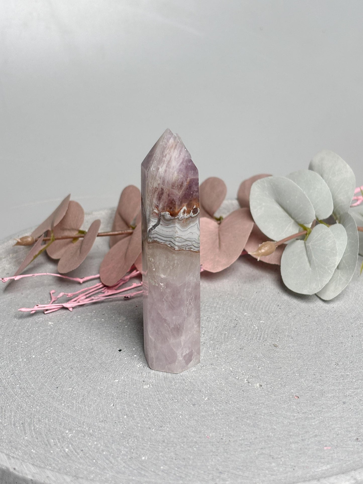 Amethyst Achat Turm ca. 8,9 cm  Kristallturm mit Banding, Edelstein Tower, Naturstein Dekosteine, Amethyst Agate Crystal Point