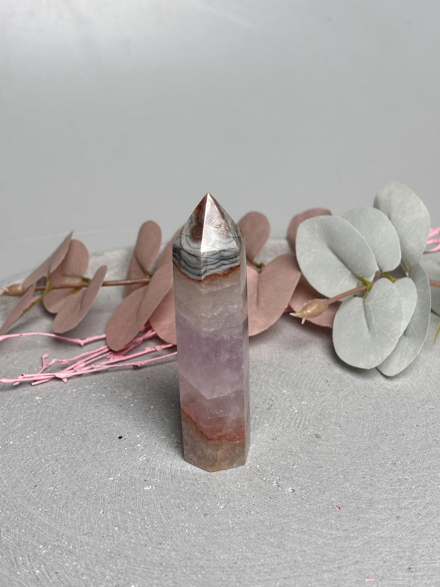 Amethyst Achat Turm ca. 8,9 cm  Kristallturm mit Banding, Edelstein Tower, Naturstein Dekosteine, Amethyst Agate Crystal Point