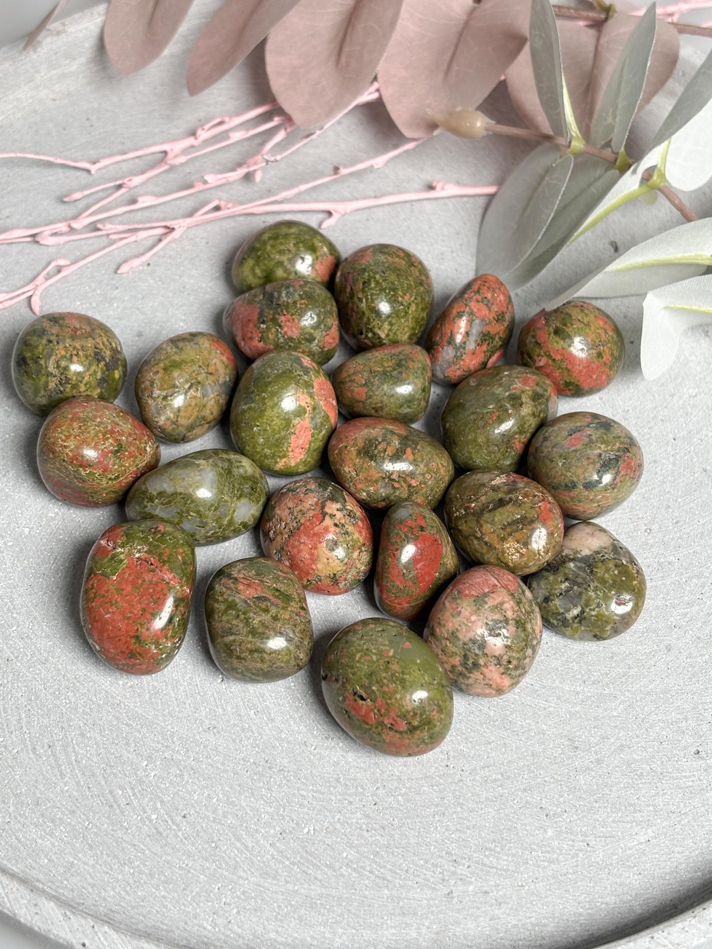 Unakit Trommelsteine  kleine 2,4 cm & große 2,8 cm Varianten  polierte Unakite Steine, Naturstein Handschmeichler