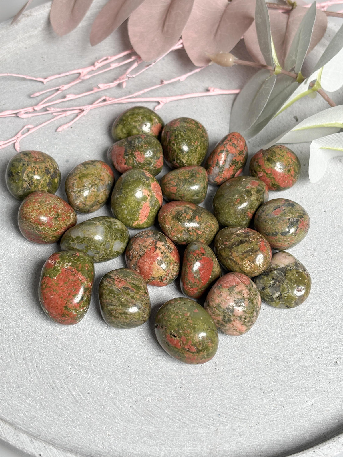 Unakit Trommelsteine  kleine 2,4 cm & große 2,8 cm Varianten  polierte Unakite Steine, Naturstein Handschmeichler