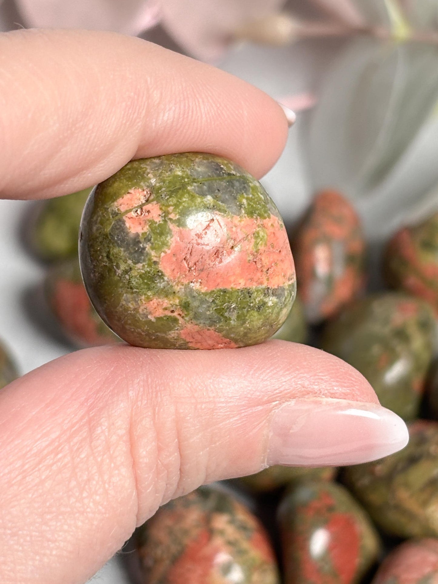 Unakit Trommelsteine  kleine 2,4 cm & große 2,8 cm Varianten  polierte Unakite Steine, Naturstein Handschmeichler