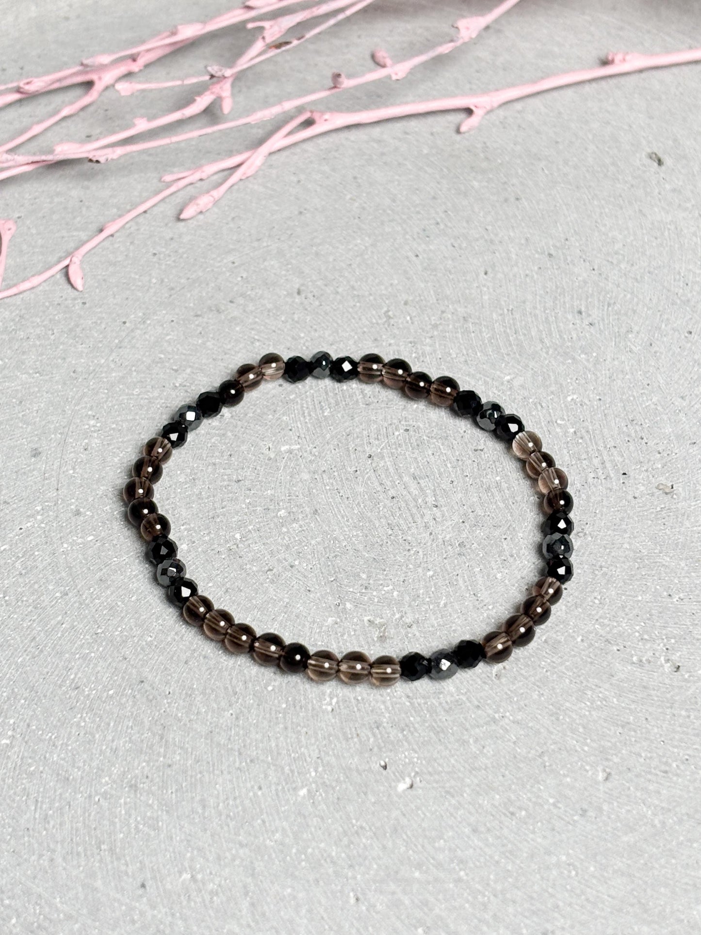 Zartes Armband 4mm Perlen Rauchquarz Silber Obsidian Terra Hertz elastisches feines Edelsteinarmband