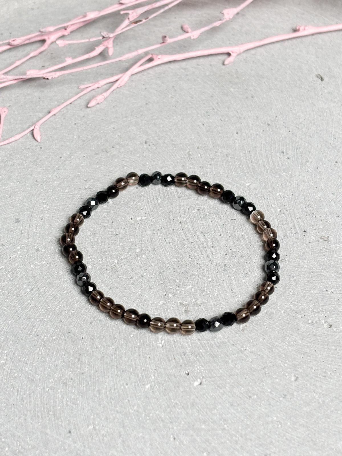 Zartes Armband 4mm Perlen Rauchquarz Silber Obsidian Terra Hertz elastisches feines Edelsteinarmband
