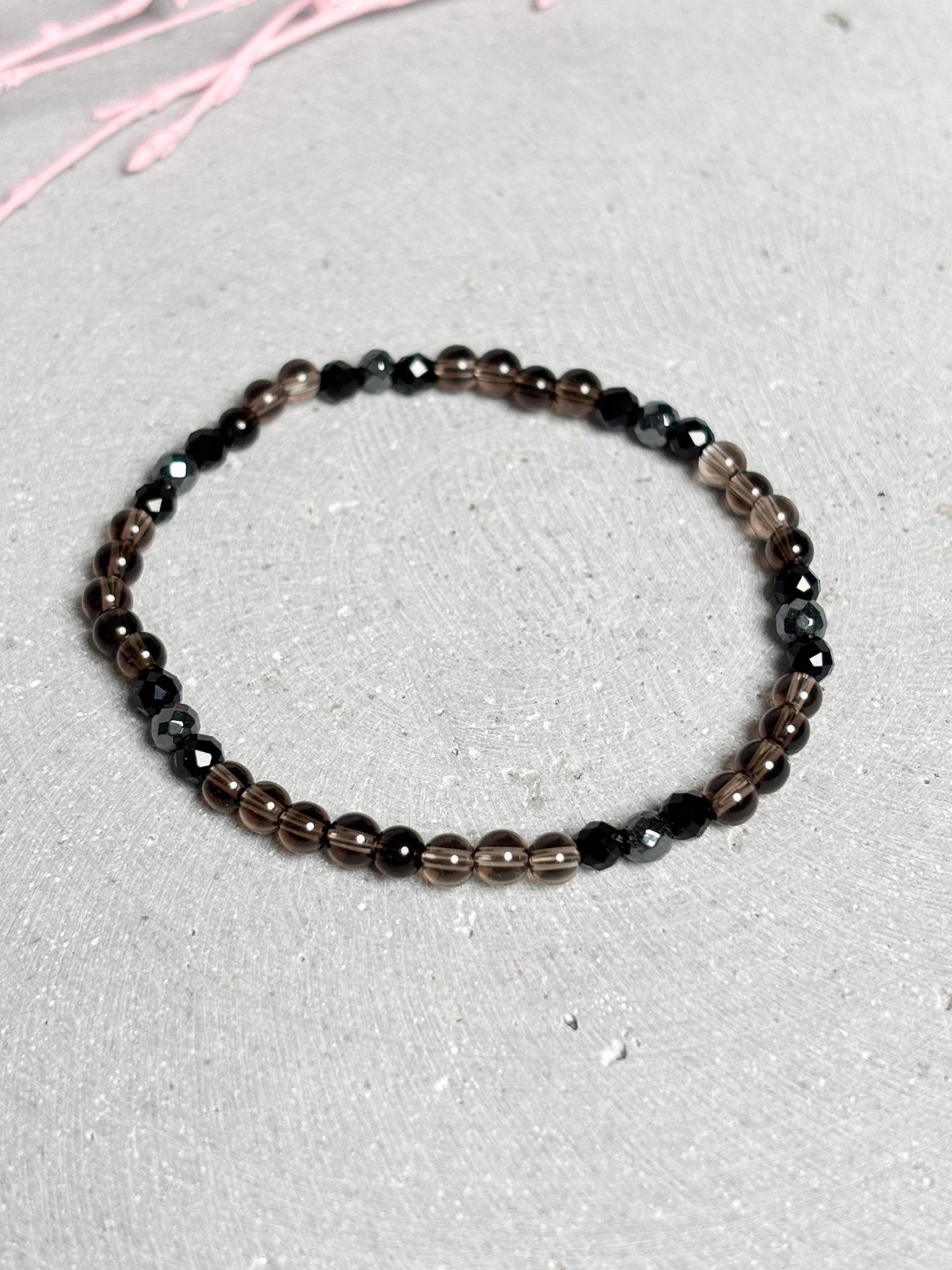 Zartes Armband 4mm Perlen Rauchquarz Silber Obsidian Terra Hertz elastisches feines Edelsteinarmband