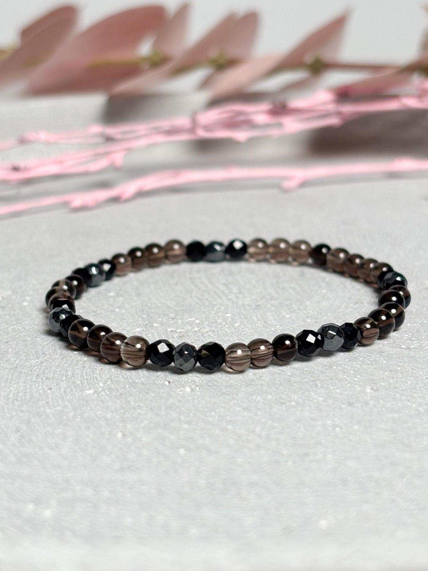 Zartes Armband 4mm Perlen Rauchquarz Silber Obsidian Terra Hertz elastisches feines Edelsteinarmband