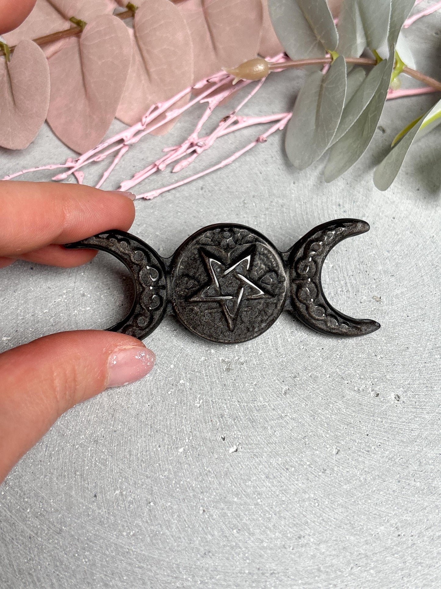 Obsidian Mondphasen Carving 8 cm  schwarzer Naturstein, Mondsymbol, polierte Dekofigur