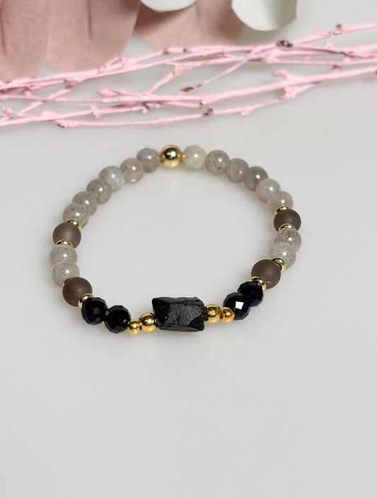 Elastisches Turmalin Perlenarmband mit Rauchquarz und Labradorit 6 mm goldfarben