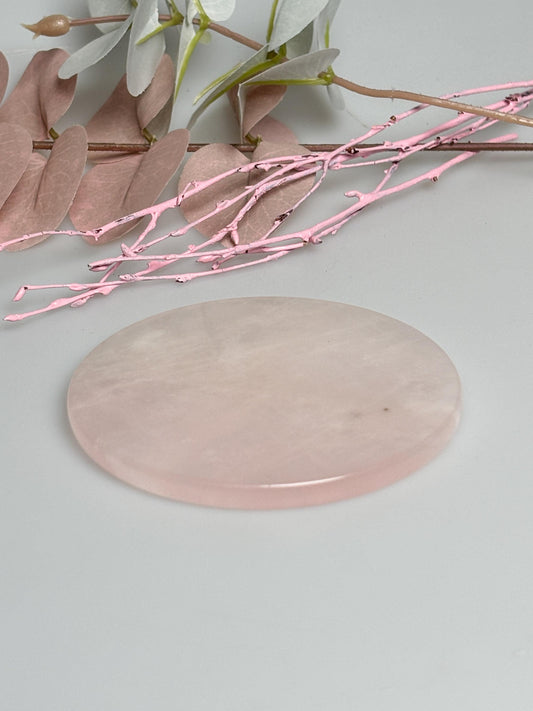 Rosenquarz Untersetzer 9 cm Scheibe, Naturstein Deko Platte rund, Kristall Unterlage