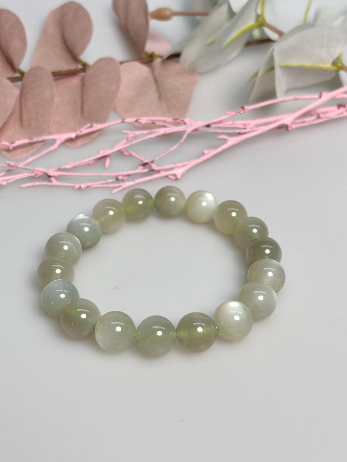 Grüner Mondstein Armband elastisch | Perlenarmband 11mm | Kristallschmuck Damen