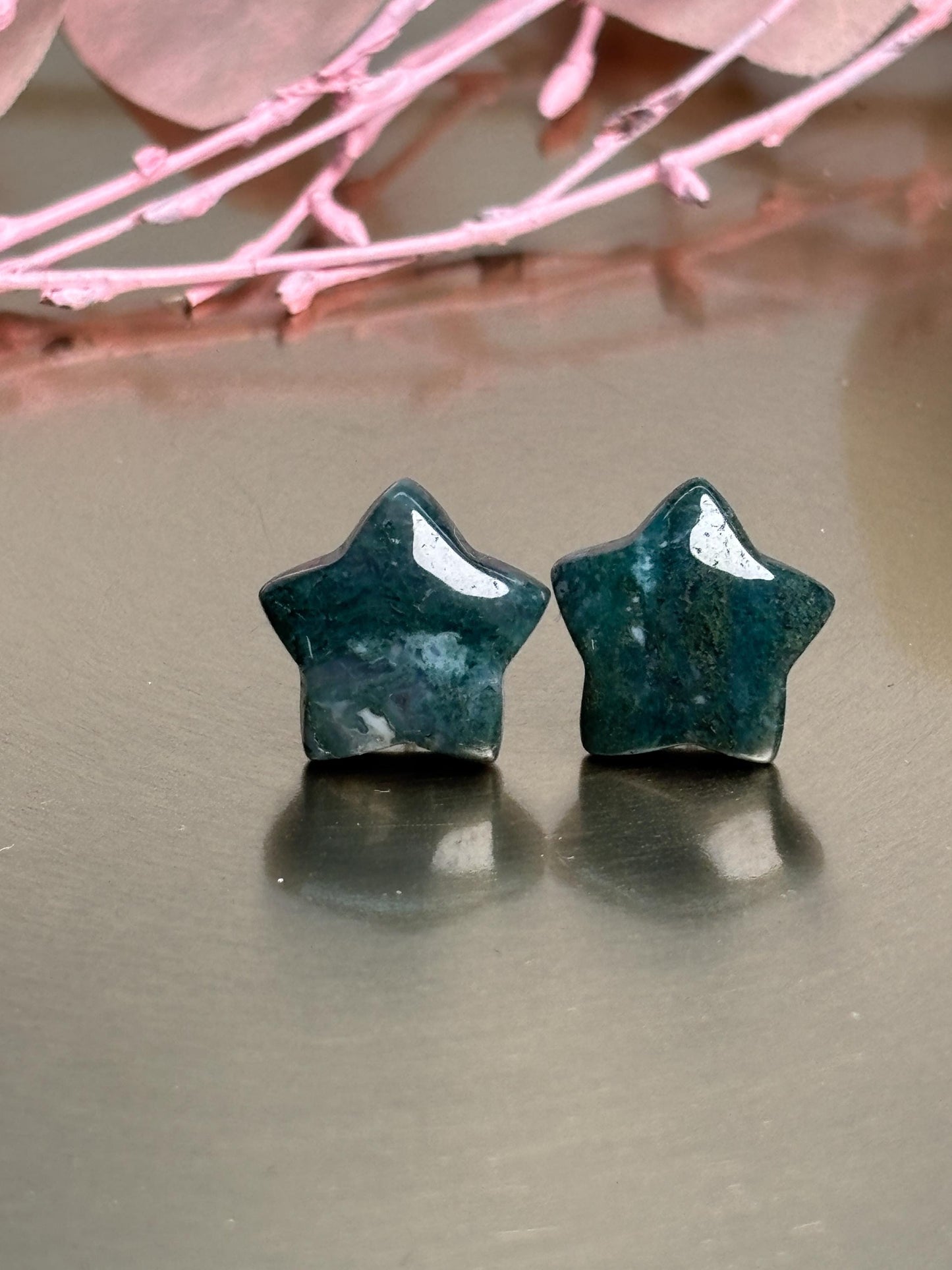 Moosachat Ohrringe Stern 925 Silber Stecker ca. 1,3 cm dunkelgrün Naturstein Edelstein