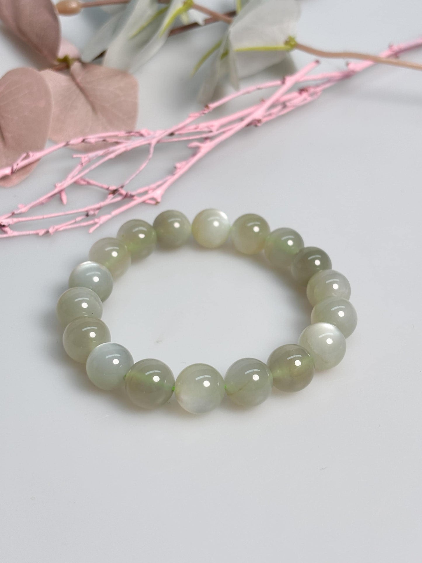 Grüner Mondstein Armband elastisch | Perlenarmband 11mm | Kristallschmuck Damen