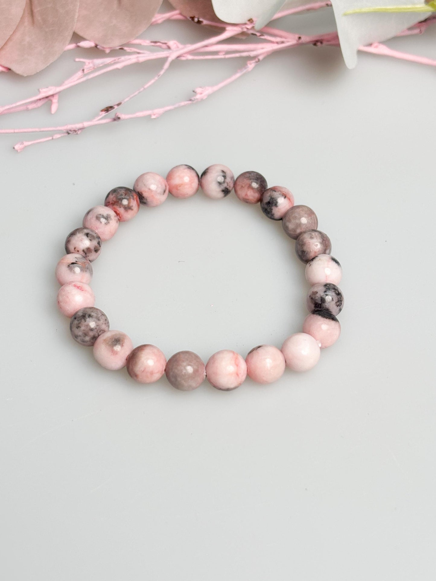 Zebra Jaspis Armband rosa elastisch 8 mm Perlen 17,5 cm Naturstein Edelsteinarmband