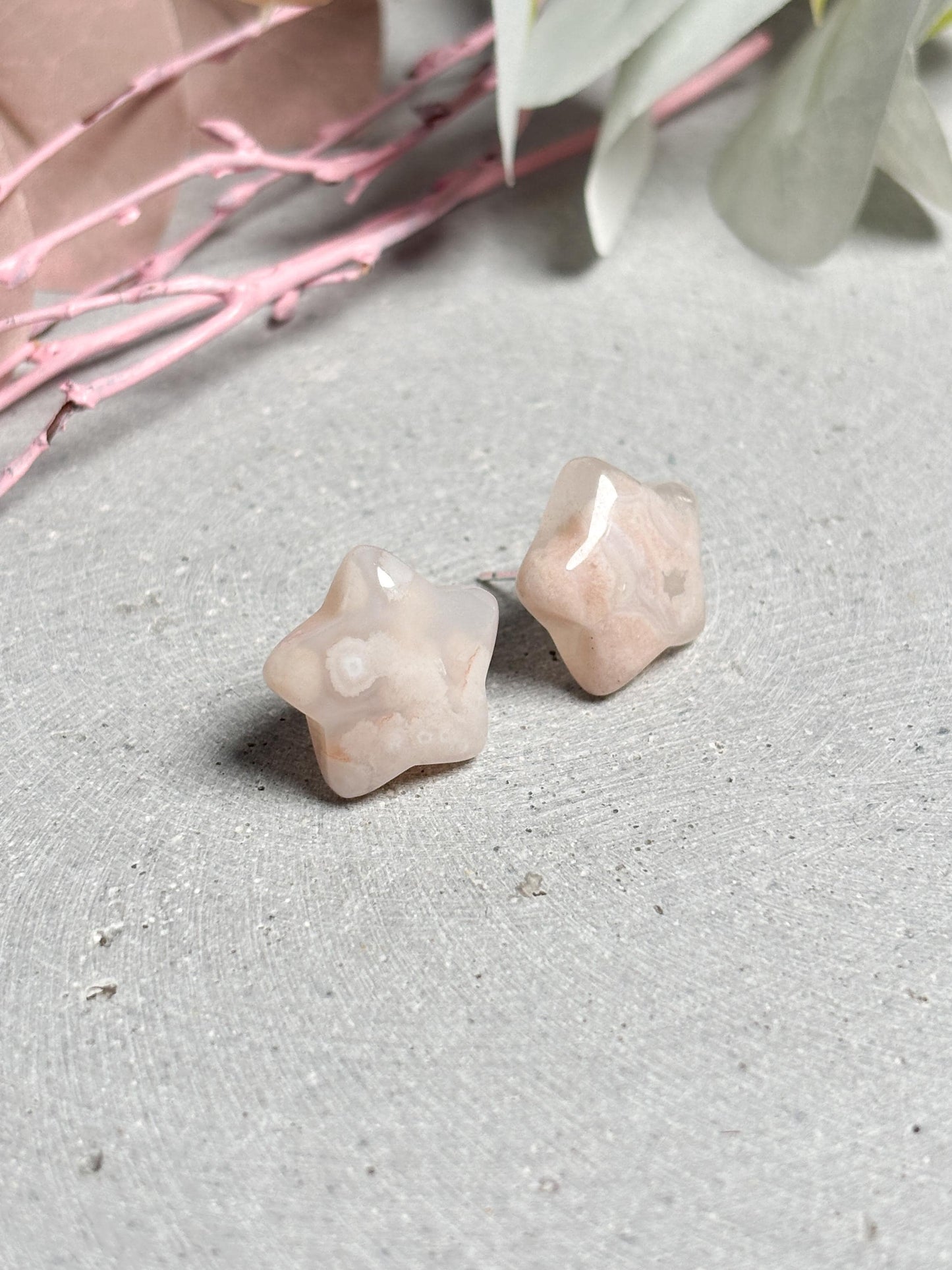 Blumenachat Stern Ohrringe ca 1,7 cm chunky Edelstein Ohrstecker Naturstein rosa grau Statement Schmuck
