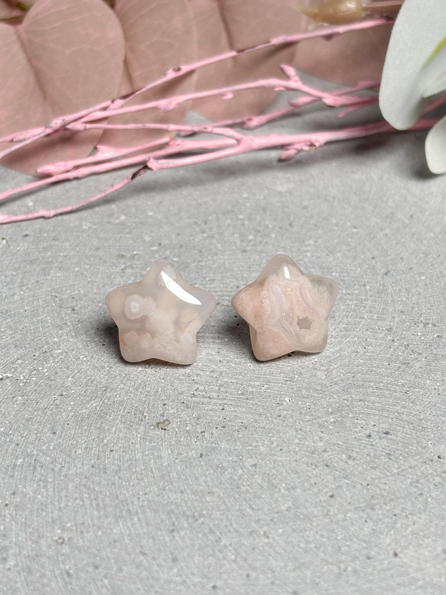 Blumenachat Stern Ohrringe ca 1,7 cm chunky Edelstein Ohrstecker Naturstein rosa grau Statement Schmuck
