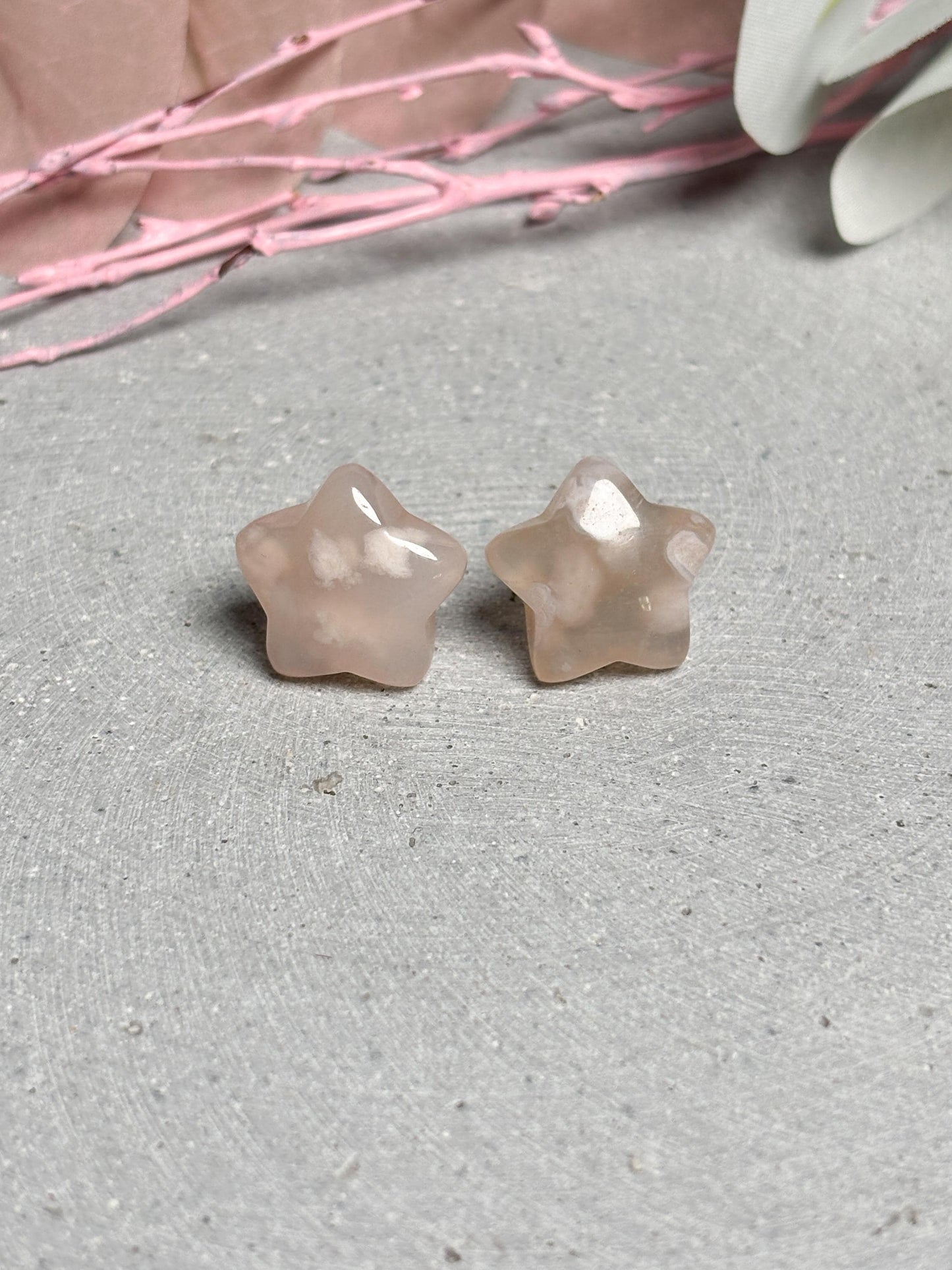 Blumenachat Stern Ohrringe ca 1,7 cm chunky Edelstein Ohrstecker Naturstein rosa grau Statement Schmuck