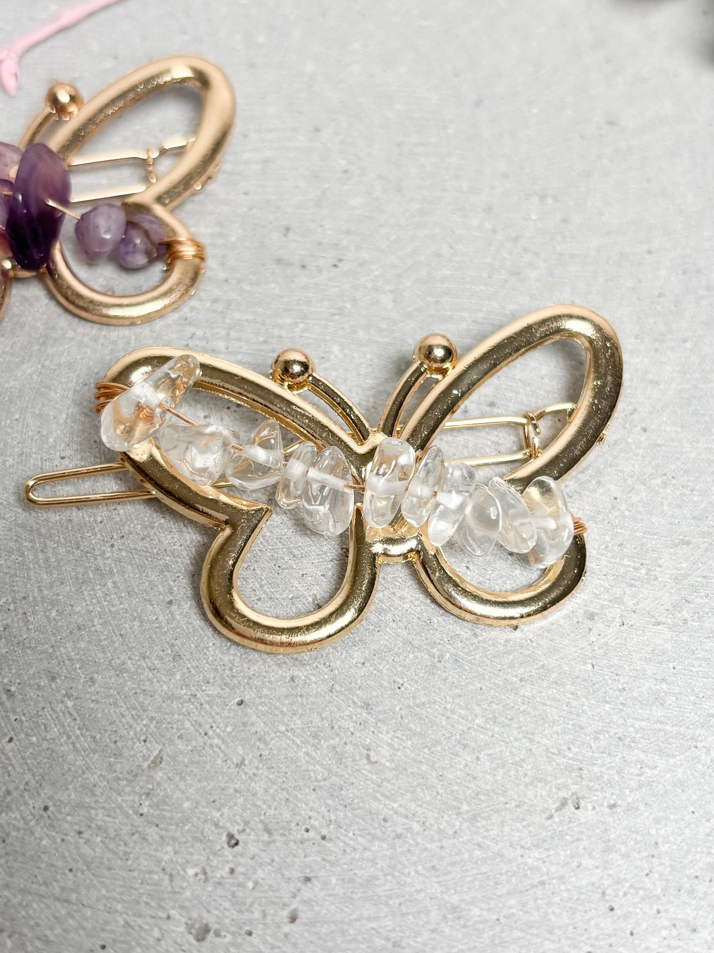Schmetterling Haarspange goldfarben mit Amethyst oder Bergkristall Kristallsplitter Haarclip ca. 5 x 3 cm