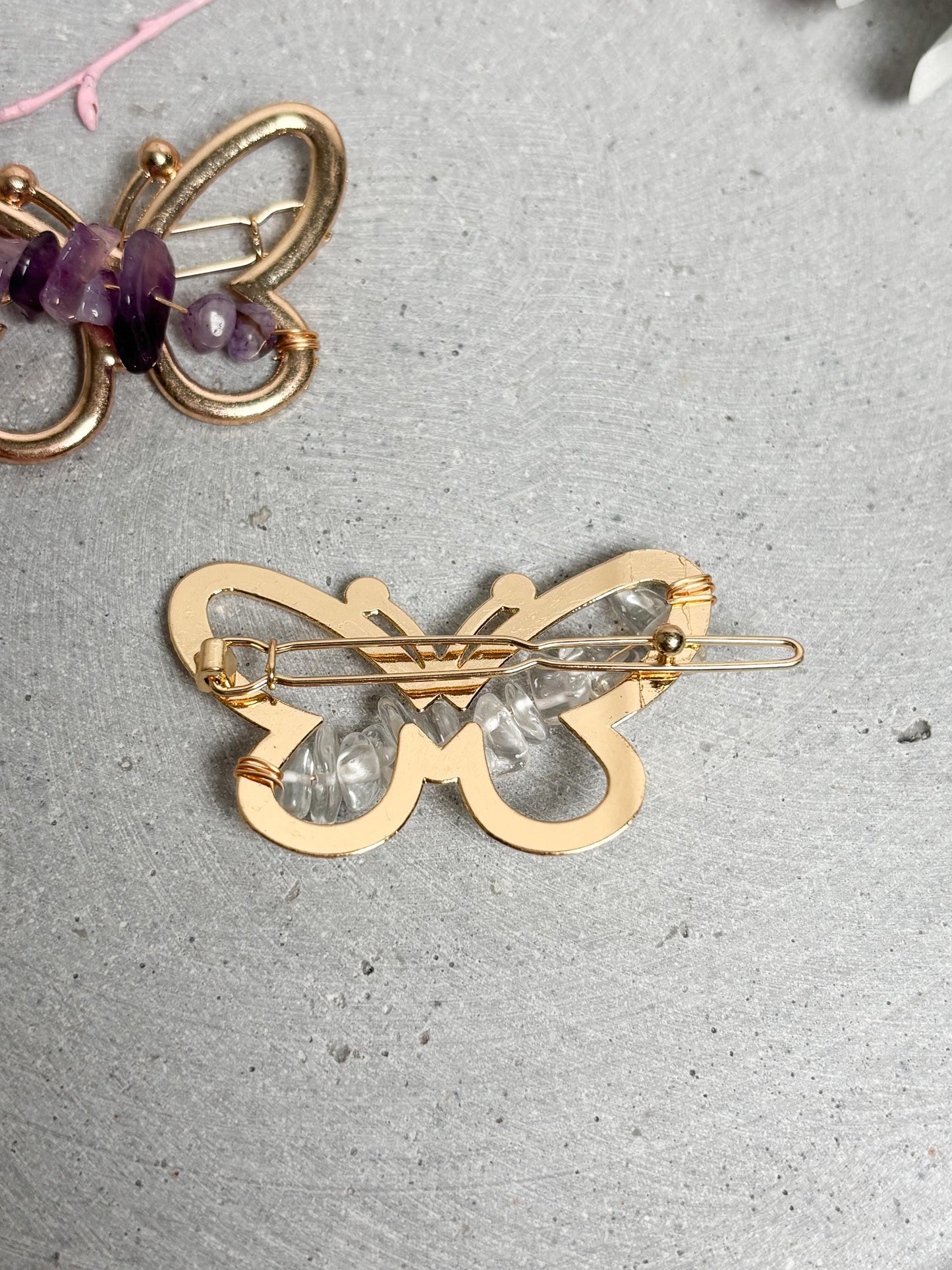 Schmetterling Haarspange goldfarben mit Amethyst oder Bergkristall Kristallsplitter Haarclip ca. 5 x 3 cm