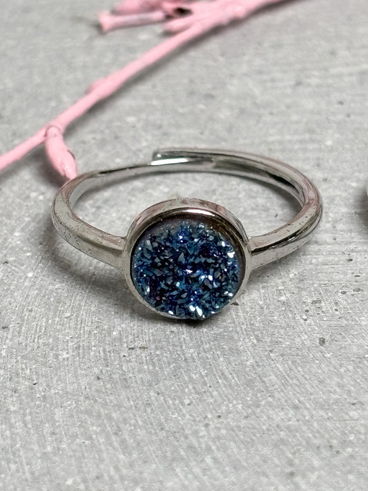 Edelstahlring Carborundum blau größenverstellbar Druzy Ring rund Edelstahl Glitzerstein Statement Ring